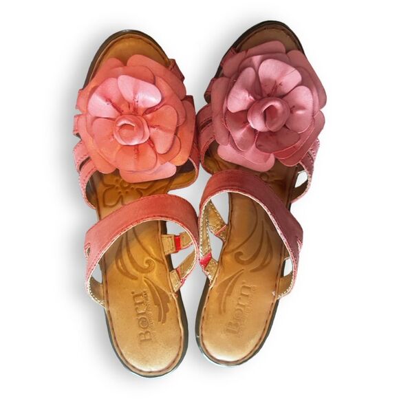 Born Sandals Flower Cone Heel Strappy Platform Slip On Leather Pink Size 8/39 - Picture 1 of 10